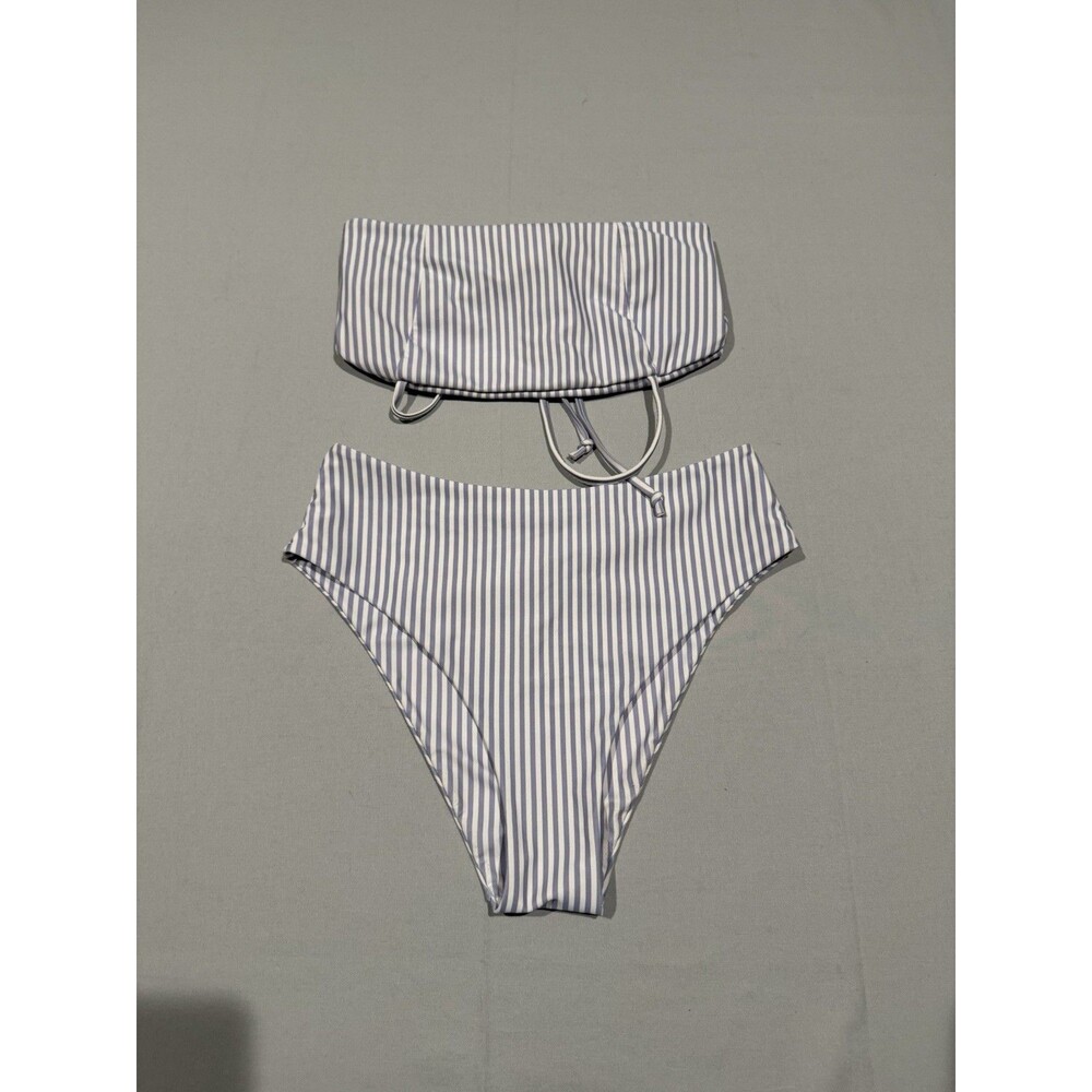 SHEIN Womens Small Blue White Striped Bandeau Bikini Set High Waist Swimwear